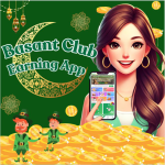 n engaging promotional image for the Basant Club earning app. It features a smiling young woman holding a smartphone displaying the app interface. The background includes a decorative crescent moon, golden coins, and festive elements, emphasizing the earning opportunities on the app. The text 'Basant Club Earning App' is prominently displayed to highlight the platform's focus.