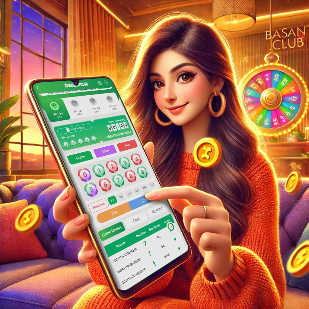 Pakistani girl holding a mobile phone displaying a Wingo game tricks interface with numbers, colors, and options to play. The screen shows game options like 'Green,' 'Red,' and 'Big' while a spinning wheel and coins surround her. The 'Basant Club' logo is visible in the background, creating an exciting and dynamic atmosphere