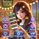 A smiling Pakistani girl holding a smartphone displaying the BasantClub app interface, with features like VIP rewards, games, challenges, and quizzes. The background includes a cozy living room decorated with warm lights and a BasantClub banner, creating a welcoming and engaging atmosphere.