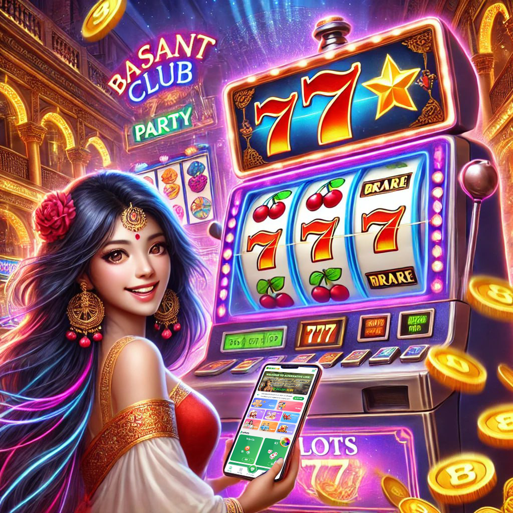 A vibrant casino-themed image showcasing a glowing slot machine with "777" symbols, coins flying in the air, and an Indian woman in traditional attire holding a smartphone displaying the Basant Club Slots 777 Party game. The background features bright lights, confetti, and the Basant Club logo, creating an exciting and festive atmosphere.