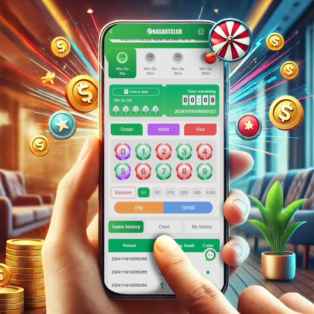 Hand holding a mobile phone displaying the Wingo Game Tricks interface with options like 'Green,' 'Violet,' and 'Big' for placing bets, along with a spinning wheel and coins. The screen shows a countdown timer, and the background features vibrant colors and the 'Basant Club' logo. This image highlights the use of wingo game tricks to increase your chances of winning.