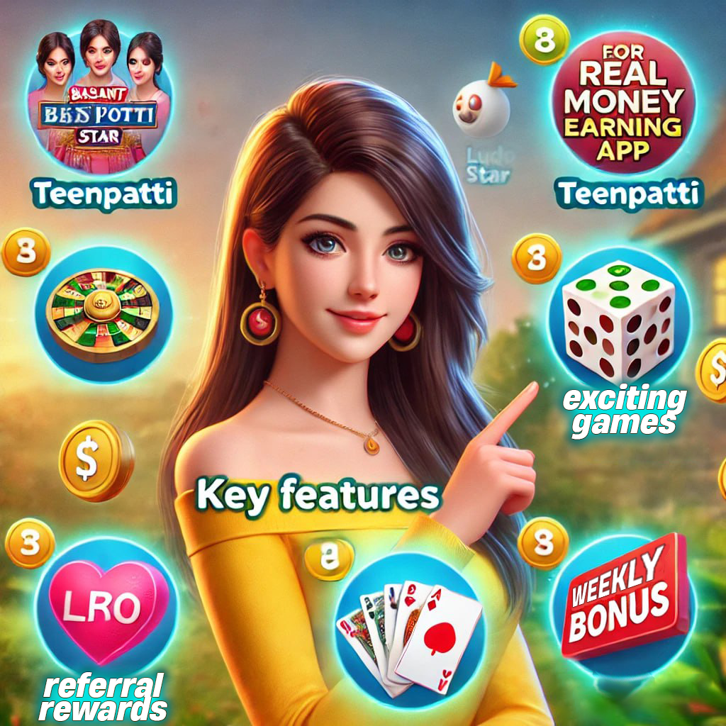 Key features of Basant Club App Download APK showcased by a friendly AI-generated female character. The image highlights exciting games like Teenpatti and Ludo Star, weekly bonuses, referral rewards, and cash prizes, emphasizing the app’s real money earning opportunities