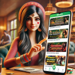 A smiling Indian woman with long dark hair and traditional jewelry engages with the Basant Club app on her smartphone in a cozy cafe setting. The smartphone screen displays various Basant Club promotions, including "VIP Rewards and Benefits," "Aviator Additional Reward," and "Wingo Win Streak Bonus." The background is warmly lit, emphasizing a welcoming and friendly atmosphere.