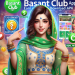 'Basant Club App Download APK: Earn Real Money with Pakistan’s Favorite App,' showing a friendly AI-generated Pakistani female character with the Basant Club logo. The background is vibrant and realistic, featuring icons for cash prizes, games, and bonuses to highlight the app’s money-earning opportunities.