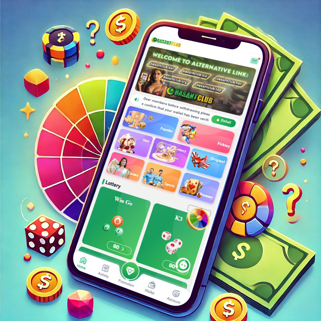 Illustration featuring the Basant Club APK app displayed on a smartphone screen. The app interface shows various categories like Slots, Lottery, and Casino, along with a 'Welcome to Alternative Link' banner at the top. Surrounding the phone are vibrant gaming symbols, including colorful chips, dollar bills, dice, and a color wheel, emphasizing the interactive and playful nature of Basant Club APK.