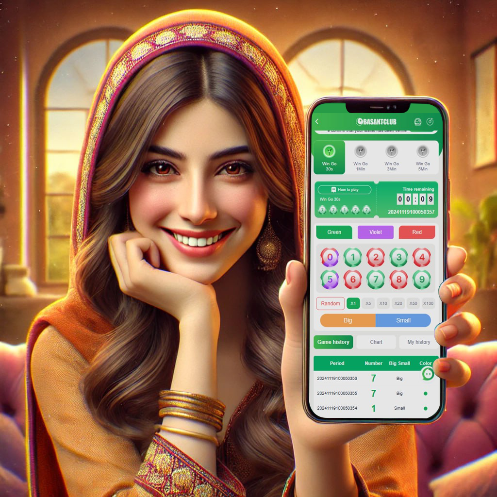 A smiling Pakistani woman in traditional attire, holding a smartphone displaying the Basant Club Color Prediction app interface. The app screen showcases options for color prediction, betting amounts, and game history, set against a warm and inviting background.