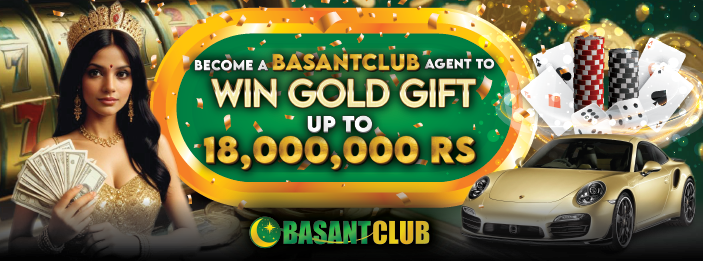 Banner for about us : Basant Club featuring a promotional offer to become an agent and win a gold gift up to 18,000,000 RS. The image shows a woman holding cash, a luxury car, and casino elements, highlighting opportunities in online gaming in Pakistan.