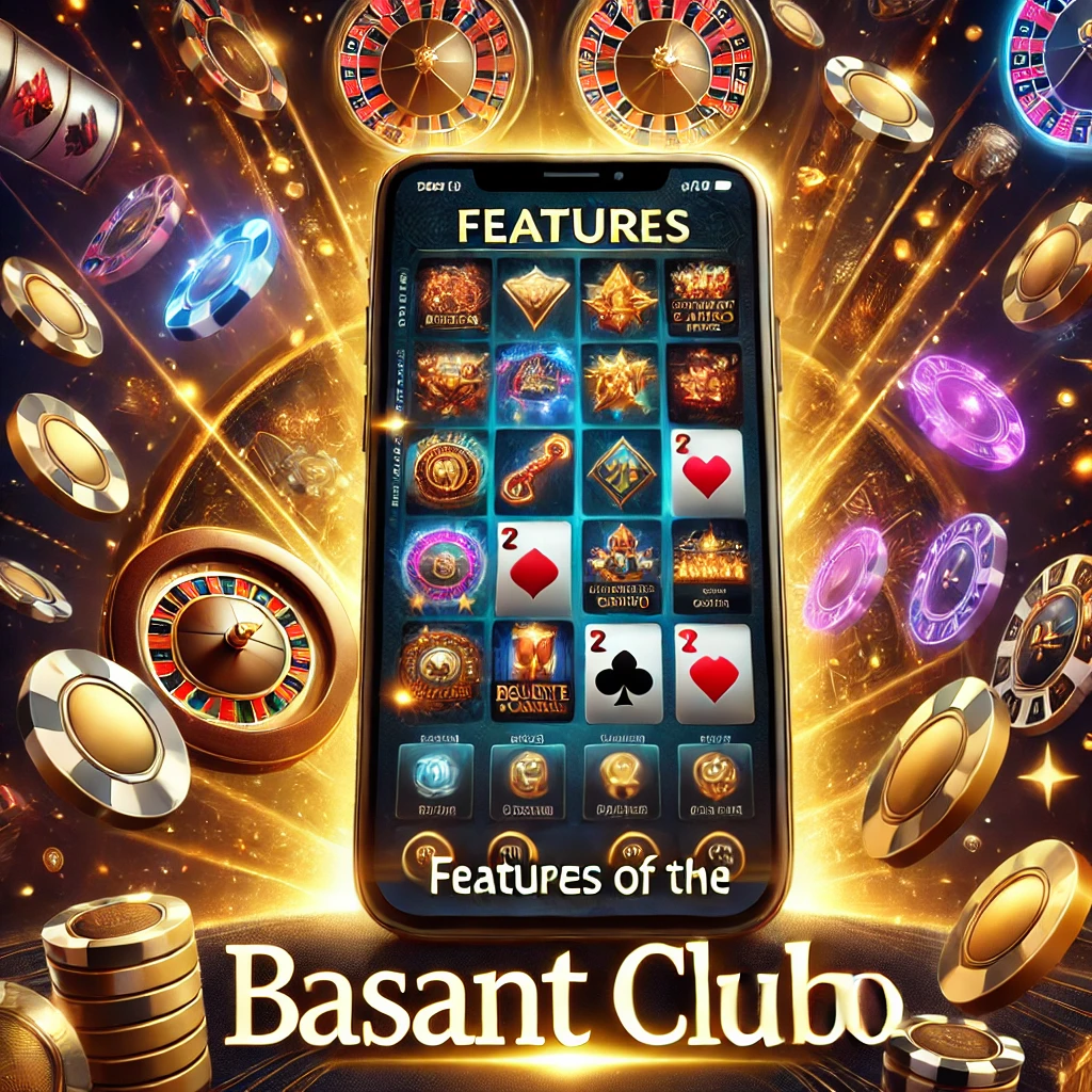 Basant Club App Review - A smartphone displaying the features of the Basant Club app, surrounded by casino icons, roulette wheels, and golden coins, showcasing the gaming and earning opportunities on the platform.