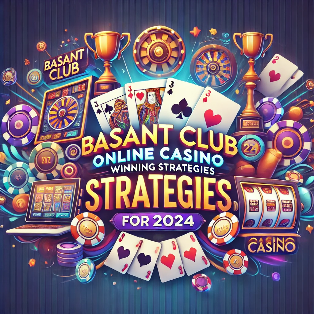 Colorful illustration of Basant Club WIN GO strategies for 2024, featuring casino elements like poker cards, roulette wheels, slot machines, and gaming chips, with a focus on winning techniques in Basant Club WIN GO.