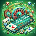 Illustration of a mobile screen displaying tips on 'How to Win Wingo Color Prediction at Basant Club,' with roulette wheels, dice, playing cards, and colorful betting icons on a vibrant green background.