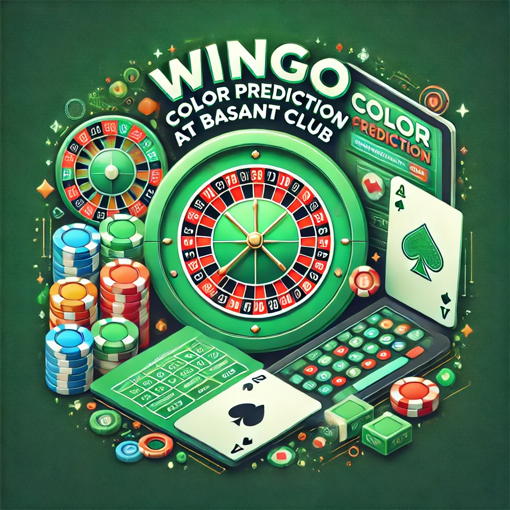 Illustration of a casino-themed setup for Wingo Color Prediction at Basant Club, featuring roulette wheels, betting chips, playing cards, and a vibrant green background