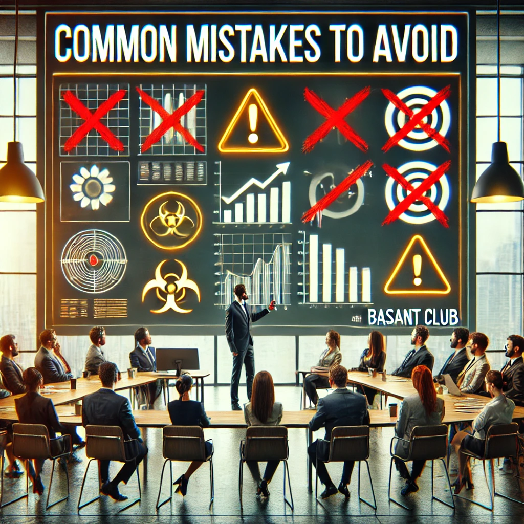 Presentation on common mistakes to avoid in Wingo Color Prediction at Basant Club, showing a speaker addressing an audience with charts, warning symbols, and error indicators.