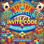 Vibrant promotional image for Basant Club invite code, showcasing rewards like bonus credits, prizes, and gaming elements with the message 'Unlock Fun and Prizes!