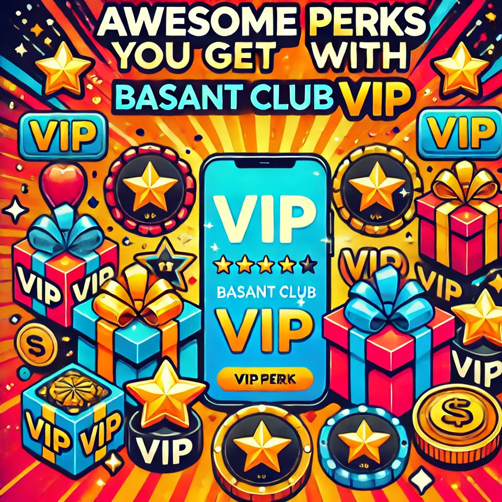 Basant Club VIP - A vibrant graphic showcasing exclusive VIP perks, rewards, and gifts for Basant Club VIP members. The image features a smartphone displaying the Basant Club VIP logo, surrounded by icons of stars, gift boxes, and VIP badges.