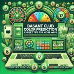 A vibrant green-themed illustration showcasing Basant Club Color Prediction with a focus on expert tips for maximizing wins. The design features a roulette wheel, color prediction board, money bills, lucky number 17, and other gaming symbols, all centered around a laptop screen displaying a prediction game interface.