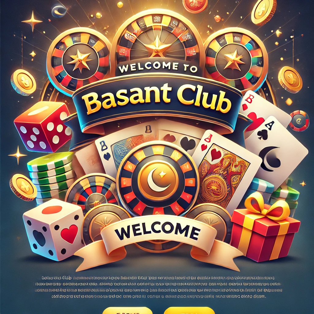 Featured image for the About Us page of Basant Club, displaying welcoming elements like coins, gift boxes, and playing cards, with a banner that says 'Welcome to Basant Club,' symbolizing a safe and rewarding online gaming experience in Pakistan.