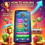 Featured image for 'Basant Club Aviator: How to Win Big with Proven Strategies,' showing a smartphone screen with the Aviator game interface, including a rising multiplier, 'Place Bet' and 'Cash Out' buttons. Surrounding the phone are icons of coins, trophies, and arrows, symbolizing success and big wins