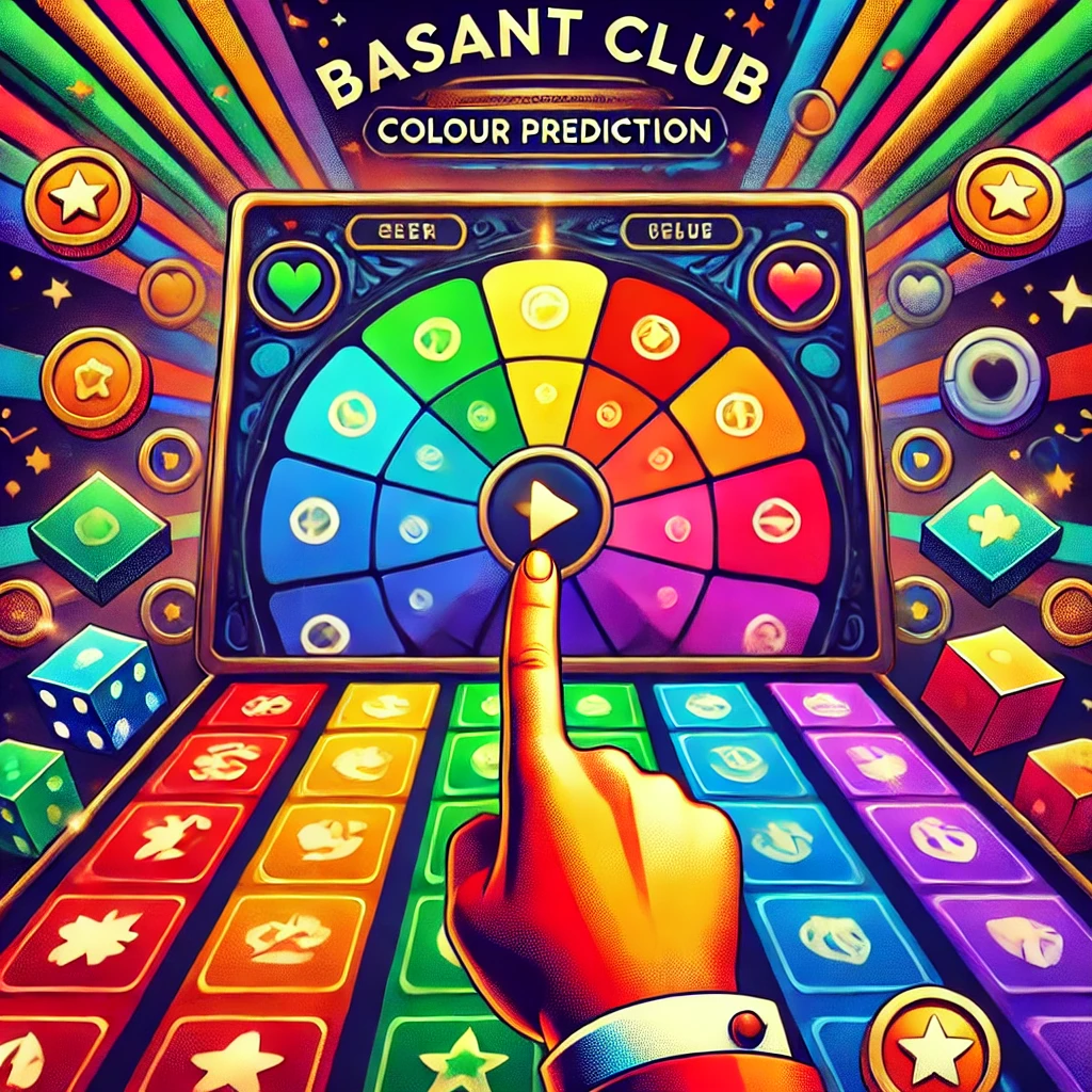 Illustration of Basant Club Colour Prediction game interface, showing colorful options like red, green, and blue arranged in a sequence. A hand points toward a color, symbolizing the guessing process. Coins, stars, and reward icons surround the screen, representing potential winnings. The background is lively, with a sense of excitement and mystery, hinting at a hidden pattern or code.