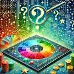 Illustration depicting the mystery of a possible secret code in Basant Club Colour Prediction. A colorful game interface with color choices like red, green, and blue is surrounded by question marks, code symbols, and a magnifying glass, symbolizing the search for hidden patterns or an algorithm. Coins and stars add to the sense of excitement and discovery.