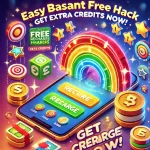 Featured image titled 'Easy Basant Free Recharge Hack: Get Extra Credits Now!' showing a smartphone with a glowing credit balance, symbols of rewards like coins and stars, and a colorful, inviting background.