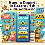 Smartphone displaying the Basant Club App's deposit section, with icons for ease of use, coins, bonus rewards, and a text overlay that reads 'How to Deposit in Basant Club: Step-by-Step Guide.' Surrounding symbols highlight ease and reward.