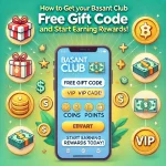 Smartphone displaying the Basant Club app with a highlighted gift code entry section, surrounded by icons representing rewards like coins, points, and VIP badges. The background is bright, suggesting the excitement of earning rewards through a Basant Club Free Gift Code.