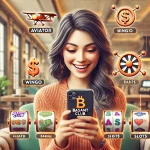 A cheerful young woman looks at her smartphone, displaying the Basant Club logo and game icons like Aviator, Wingo, and Slots. She’s seated in a cozy, modern setting, symbolizing an engaging and positive environment for earning money on Basant Club.