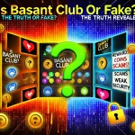 A visually striking image split into two sides: one side features positive elements like rewards, coins, and happy users, while the other side shows warning signs, negative reviews, and a lock indicating weak security. A large question mark in the center symbolizes the uncertainty around Basant Club. The bold text reads 'Is Basant Club Real or Fake?' with 'The Truth Revealed!' below.