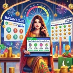 A vibrant image featuring a Pakistani woman using a laptop displaying the Basant Club platform. The screen shows coins, gift codes, and rewards icons. The background includes a calendar for 2024 and the Basant Club logo, symbolizing the potential for earning and maximizing profits online.