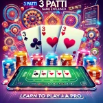 A colorful and engaging image showcasing 3 Patti gameplay, with cards representing hands like Three of a Kind, Straight, and Pair, set against a lively background of poker chips and a modern design.