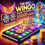 Mobile screen displaying Wingo Game interface with symbols, spinning wheels, and coins, representing the best tricks for earning real money. The background is vibrant and dynamic, with the text 'The Best Wingo Game Tricks for Earning Real Money'.