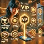 A glowing and engaging image showcasing a woman interacting with the BasantClub VIP app on her smartphone. Surrounding her are illuminated icons representing VIP benefits, such as daily login bonuses, exclusive challenges, priority support, early feature access, and VIP-only rewards. The background is a warm and inviting room, with the BasantClub VIP logo prominently displayed, creating a luxurious and exciting atmosphere.