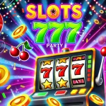 A vibrant and colorful illustration of a slot machine with "777" symbols and stars on the reels. Coins are flying around the machine, and cherries are featured as part of the classic slot symbols. The title "Slots 777 Party" is displayed boldly at the top, surrounded by confetti and bright celebratory lights, creating a festive atmosphere.