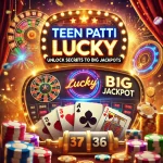 A vibrant featured image for the blog "Teen Patti Lucky: Unlock Secrets to Big Jackpots." The image shows a dynamic card game setup with glowing cards, poker chips, and a progressive jackpot meter. A festive background with confetti and golden coins adds excitement, while bold text highlights the blog title.