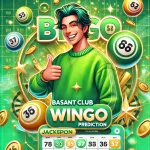 Bright promotional graphic for Basant Club Wingo Prediction featuring a cheerful person in a green sweater giving a thumbs-up, surrounded by lottery balls, bingo cards, and a lively green and gold casino-themed background