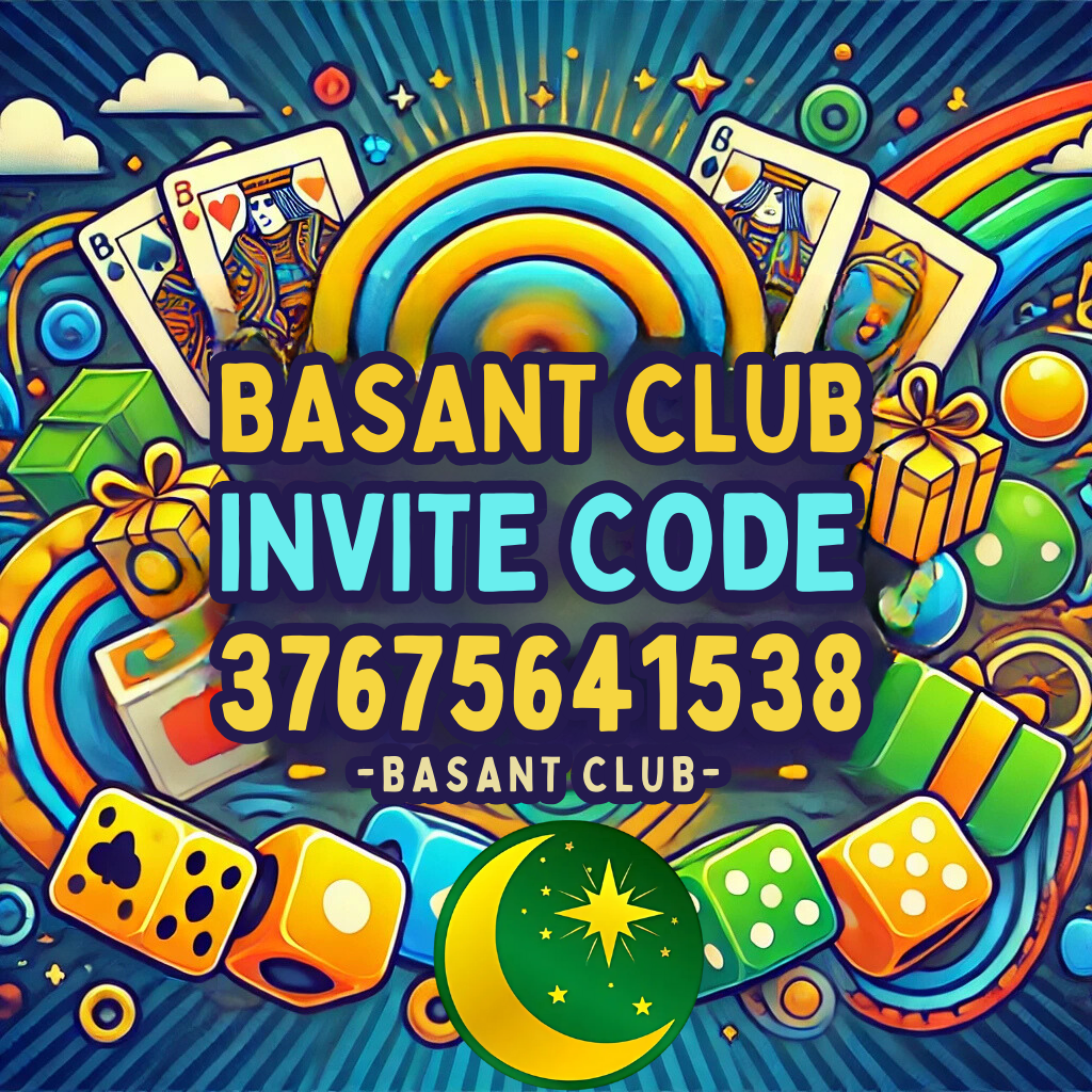 Colorful graphic displaying the Basant Club invite code '37675641538' with vibrant elements like playing cards, gift boxes, and dice, inviting users to unlock rewards.