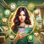 A vibrant featured image for 'Best Times to Play Basant Club for Higher Winning Chances,' showing an AI-generated young woman holding a smartphone displaying the Basant Club app. Time-related icons, such as a clock and event symbols, highlight optimal play times like early morning, afternoon, late night, and weekends. The Basant Club logo is prominently placed in the corner