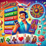 Colorful illustration of Top 5 Basant Club Online Games including Wingo, Aviator, Rummy, Slots, and Teen Patti. A cheerful gamer holding a smartphone displaying the Teen Patti interface, surrounded by game elements like cards, chips, dice, and a roulette wheel. Vibrant background featuring icons of planes and balloons for a fun gaming atmosphere.