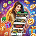 An engaging image featuring a smartphone displaying a money-earning app interface with coins and cash icons. A smiling Pakistani woman holds the phone, surrounded by vibrant visuals symbolizing quick cash and earning opportunities.