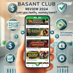 A featured image for 'BasantClub Review 2024: Can You Really Make Money Here?' showing a smartphone displaying the BasantClub app interface with earning activities like bonuses, rewards, and withdrawal options. Surrounding the phone are icons representing security, successful transactions, and money, with the BasantClub logo prominently visible in the background. The text 'BasantClub Review 2024' is displayed at the top with the tagline 'Can you really make money here?' in an engaging font.