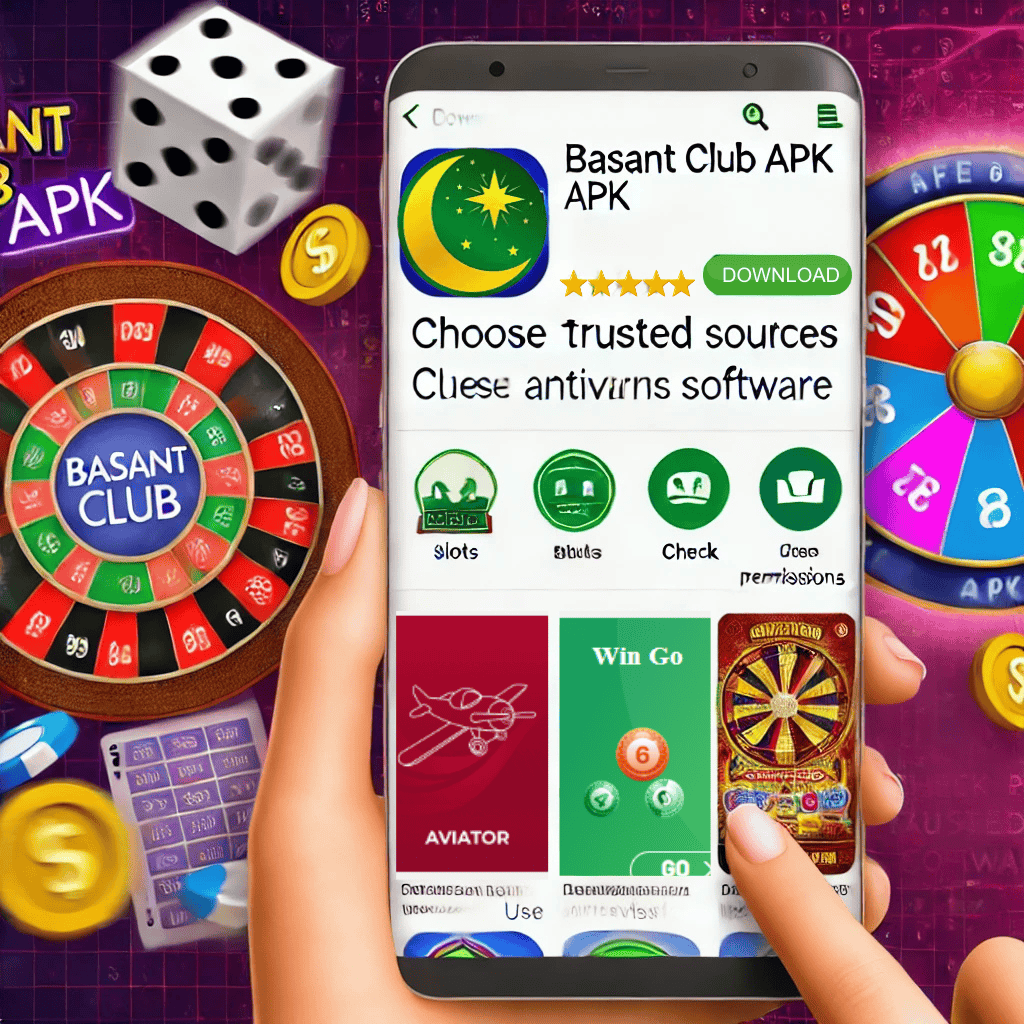 Illustration showing a smartphone screen with the Basant Club APK app download page open. The screen displays categories like Slots and Win Go, along with safety reminders: 'Choose trusted sources,' 'Check permissions,' and 'Use antivirus software.' Colorful gaming elements surround the phone, including a roulette wheel, dice, coins, and a spin wheel, representing the interactive features of Basant Club APK.