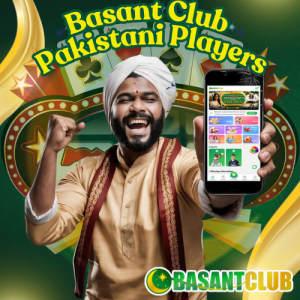 A cheerful Pakistani player celebrating with a smartphone showing Basant Club Pakistani Players platform, highlighting games and bonuses.