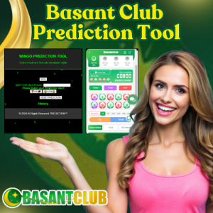 A promotional image for the Basant Club Prediction Tool featuring a smiling woman and screenshots of the prediction tool interface, highlighting its features.