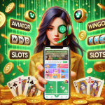 A Pakistani girl holding a smartphone displaying the Basant Club platform with games like Aviator, Wingo, Slots, and Rummy. The background is vibrant green with floating gold coins, symbolizing wealth and opportunity, highlighting Basant Club as a top platform for earning money in Pakistan.