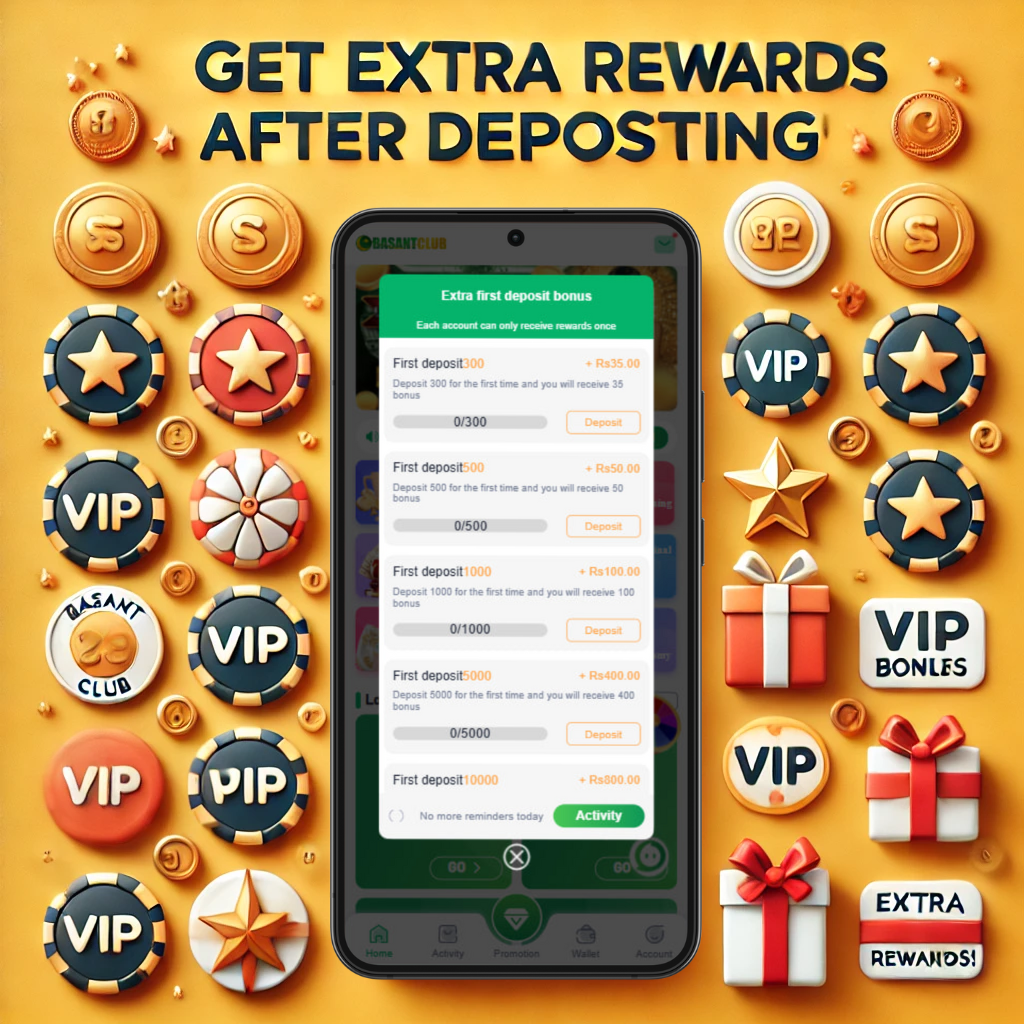 Smartphone displaying the Basant Club App with icons for Daily Bonuses, VIP Perks, and Seasonal Promotions, surrounded by symbols like coins, VIP badge, gift boxes, and festive icons. Text overlay reads: 'Get Extra Rewards After Depositing!' representing the rewards unlocked after each deposit. deposit in basant club