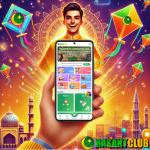 A vibrant promotional graphic for Discover Pakistan’s No. 1 App to Make Real Money, featuring a glowing smartphone displaying the Basant Club app interface. The background includes colorful kites, a festive Pakistani theme, and an excited person holding the phone, symbolizing trust and excitement.