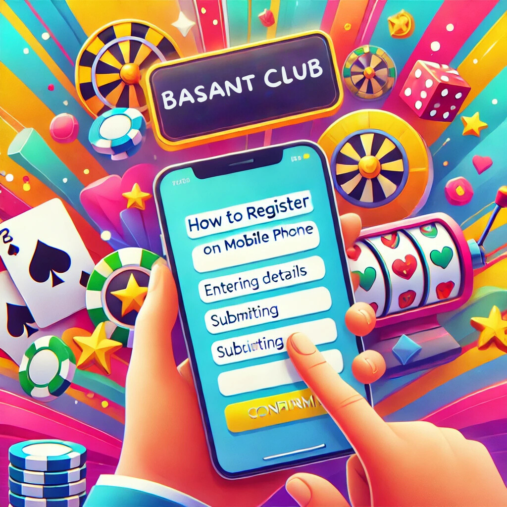 Colorful image showing a smartphone with steps on how to register for Basant Club, surrounded by casino icons like roulette wheels, playing cards, and chips.