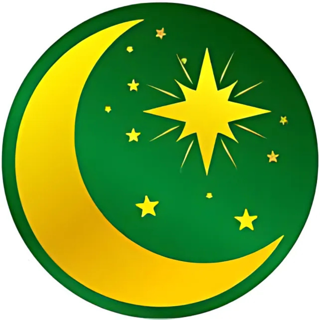 Green and yellow logo featuring a crescent moon and a star with smaller stars, symbolizing themes of luck and fortune.