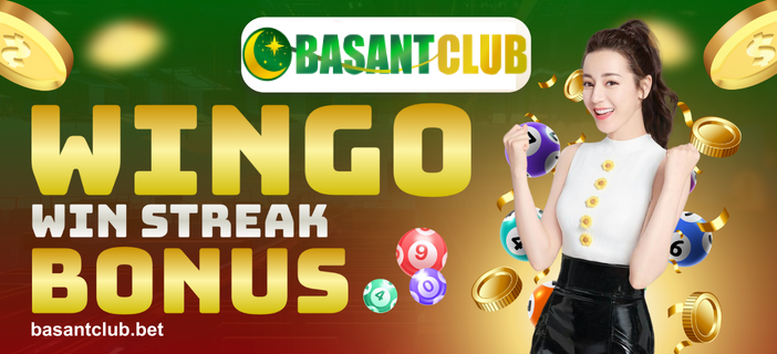 Promotional banner for Basant Club Wingo Win Streak Bonus featuring a cheerful woman in a white top celebrating with her fists raised. The background includes vibrant colors, gold coins, lottery balls, and the Basant Club logo at the top. The bold text reads 'Wingo Win Streak Bonus,' with a call-to-action to download the Wingo App for exciting bonuses and rewards.