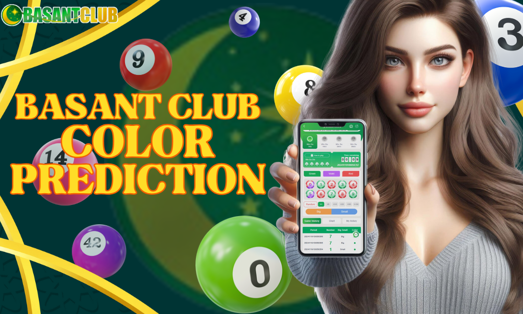 Illustration of Basant Club Colour Prediction game interface, showing colorful options like red, green, and blue arranged in a sequence. A hand points toward a color, symbolizing the guessing process. Coins, stars, and reward icons surround the screen, representing potential winnings. The background is lively, with a sense of excitement and mystery, hinting at a hidden pattern or code.